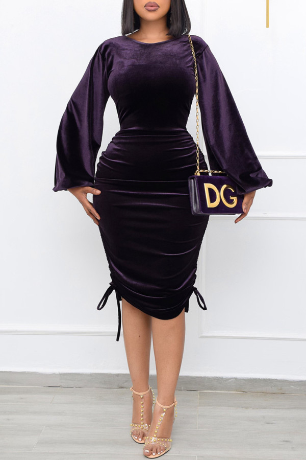 Dark Purple Fashion Casual Solid Frenulum O Neck Long Sleeve Dresses
