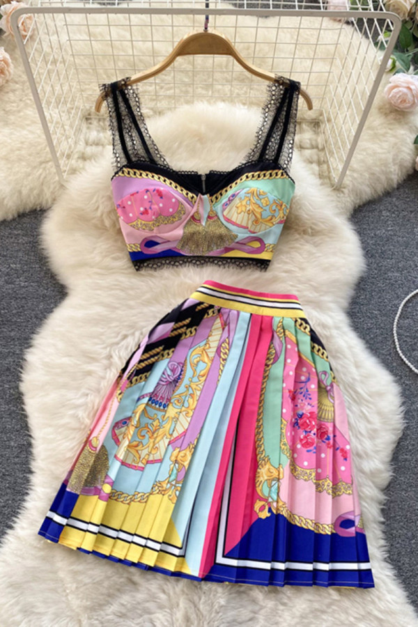Pink Fashion Sexy Print Patchwork Backless Spaghetti Strap Sleeveless Two Pieces