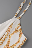 White Fashion Sexy Print Backless Spaghetti Strap Long Dress