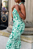 Green Sexy Print Patchwork Halter Dresses