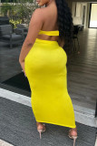 Yellow Fashion Sexy Solid Patchwork Backless Fold Strapless Sleeveless Two Pieces