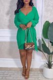 Green Fashion Casual Solid Patchwork V Neck Long Sleeve Dresses