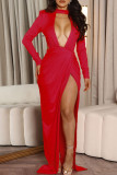 Red Fashion Sexy Formal Solid Hollowed Out Backless Slit O Neck Evening Dress