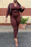 Brown Red Fashion Casual Solid Patchwork Zipper Collar Long Sleeve Two Pieces