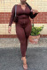 Brown Red Fashion Casual Solid Patchwork Zipper Collar Long Sleeve Two Pieces