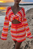 Red Fashion Casual Striped Patchwork V Neck Long Sleeve Two Pieces