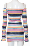 Purple Sexy Striped Print Patchwork Off the Shoulder Pencil Skirt Dresses