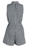Pink Casual Striped Print Patchwork Buckle Turndown Collar Straight Rompers