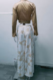 Blue Casual Print Bandage Patchwork Turndown Collar Long Sleeve Two Pieces