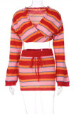 Red Fashion Casual Striped Patchwork V Neck Long Sleeve Two Pieces