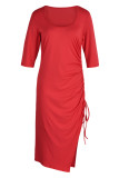 Red Fashion Casual Solid Patchwork Slit Fold O Neck Long Sleeve Dresses