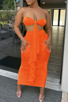Orange Fashion Sexy Solid Patchwork Backless Fold Strapless Sleeveless Two Pieces