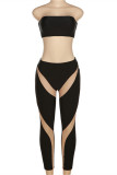 Black Fashion Sexy Solid Patchwork See-through Backless Strapless Sleeveless Two Pieces