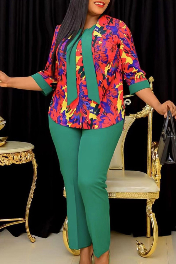 Green Casual Print Patchwork O Neck Three Quarter Two Pieces