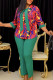 Green Casual Print Patchwork O Neck Three Quarter Two Pieces