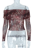 Red Sexy Print Patchwork Off the Shoulder Tops