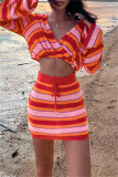 Red Fashion Casual Striped Patchwork V Neck Long Sleeve Two Pieces