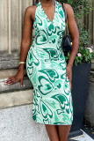 Green Sexy Print Patchwork Halter Dresses