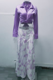 Blue Casual Print Bandage Patchwork Turndown Collar Long Sleeve Two Pieces