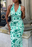 Green Sexy Print Patchwork Halter Dresses