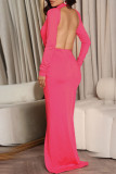 Red Fashion Sexy Formal Solid Hollowed Out Backless Slit O Neck Evening Dress