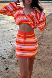 Red Fashion Casual Striped Patchwork V Neck Long Sleeve Two Pieces