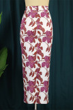 Purple Fashion Casual Print Slit Regular High Waist Skirt