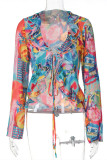 Colour Fashion Casual Print Patchwork Frenulum V Neck Tops