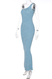 Sky Blue Sexy Solid Patchwork One Shoulder Trumpet Mermaid Dresses