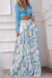 Blue Casual Print Bandage Patchwork Turndown Collar Long Sleeve Two Pieces
