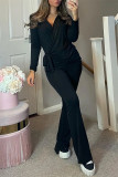 Pink Fashion Casual Solid Bandage Patchwork V Neck Long Sleeve Two Pieces