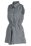 Pink Casual Striped Print Patchwork Buckle Turndown Collar Straight Rompers