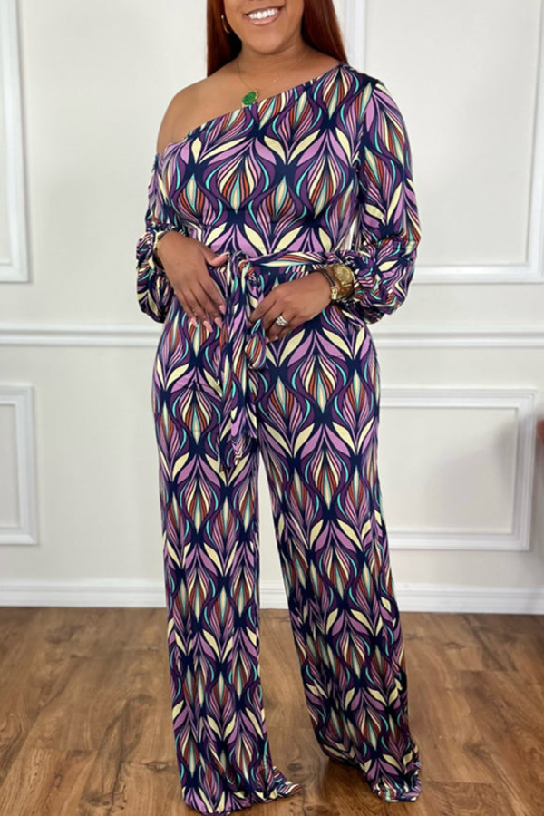 Multicolor Fashion Casual Print Bandage Patchwork Oblique Collar Regular Jumpsuits