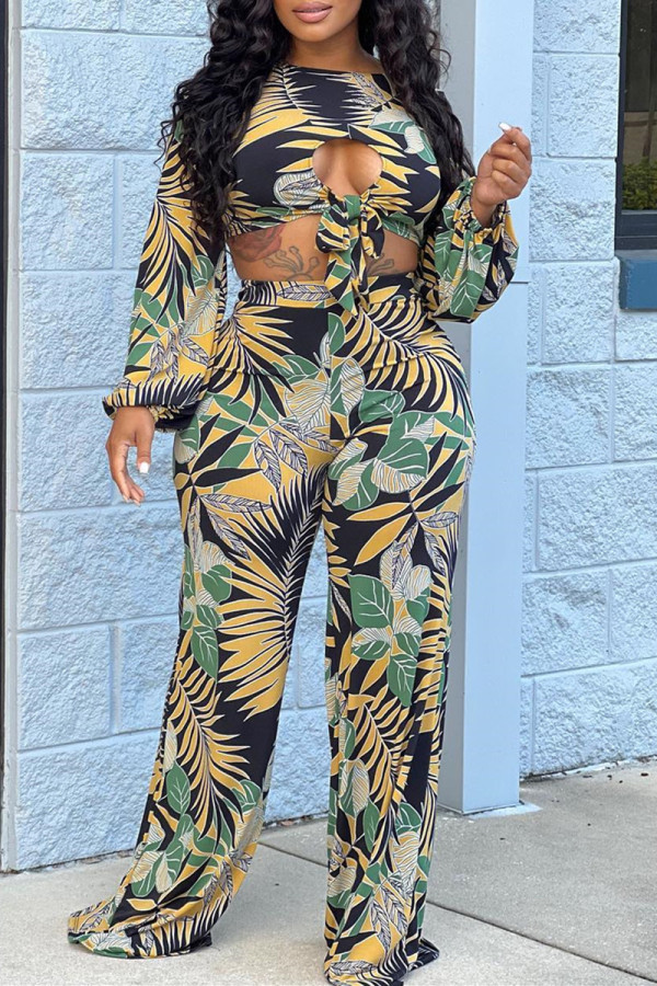 Multicolor Fashion Casual Print Bandage Hollowed Out O Neck Long Sleeve Two Pieces