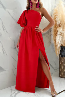 Red Sexy Elegant Solid Patchwork Slit Oblique Collar Straight Dresses