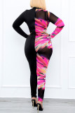 Rose Red Black Fashion Casual Print Patchwork Half A Turtleneck Skinny Jumpsuits