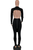 Black Sexy Print Patchwork Backless Slit O Neck Long Sleeve Two Pieces