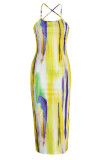 Yellow Sexy Print Hollowed Out Patchwork Slit Spaghetti Strap One Step Skirt Dresses