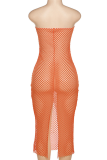 Orange Sexy Solid Mesh Strapless Pencil Skirt Dresses