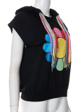 Black Casual Print Tassel Hooded Collar Tops