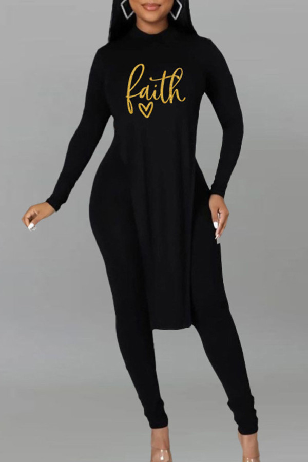 Black Sexy Print Patchwork Backless Slit O Neck Long Sleeve Two Pieces