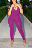 Purple Sexy Solid Patchwork Halter Skinny Jumpsuits