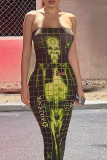 Green Sexy Skull Patchwork Strapless Pencil Skirt Dresses