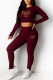 Burgundy Sexy Print Patchwork Frenulum Backless O Neck Three Quarter Two Pieces
