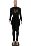 Black Sexy Print Patchwork Backless Slit O Neck Long Sleeve Two Pieces
