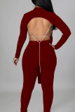 Black Sexy Print Patchwork Backless Slit O Neck Long Sleeve Two Pieces