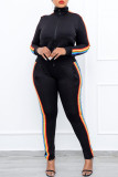 Black Fashion Casual Striped Patchwork Zipper Collar Long Sleeve Two Pieces