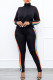 Black Fashion Casual Striped Patchwork Zipper Collar Long Sleeve Two Pieces