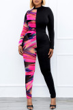Rose Red Black Fashion Casual Print Patchwork Half A Turtleneck Skinny Jumpsuits