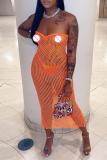 Orange Sexy Solid Mesh Strapless Pencil Skirt Dresses